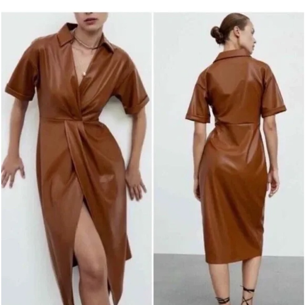 Zara Elegant Brown Faux Leather Dress